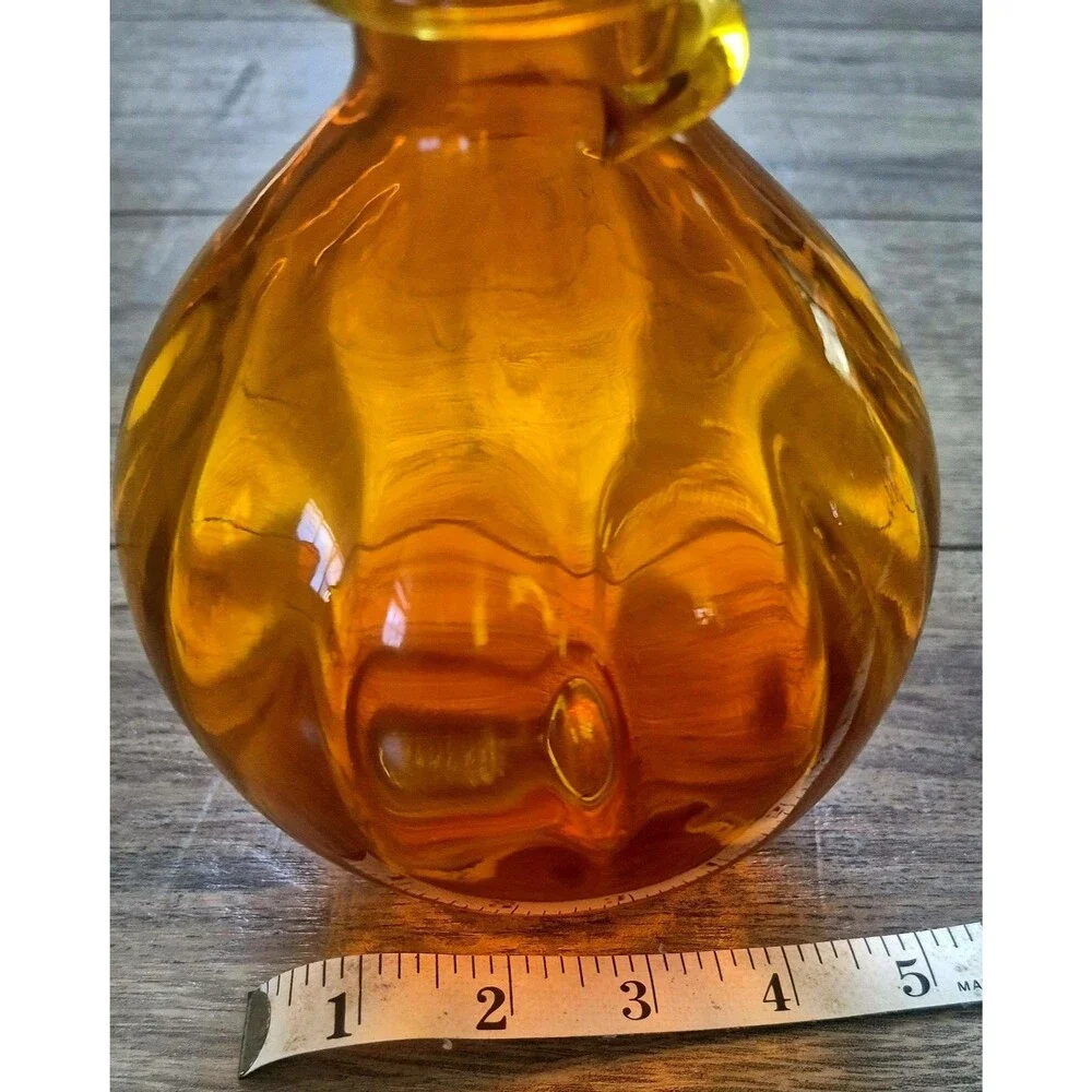Vintage MCM Rainbow Art Glass Tangerine Amberina Optic Ribbed Vase Applied Coil